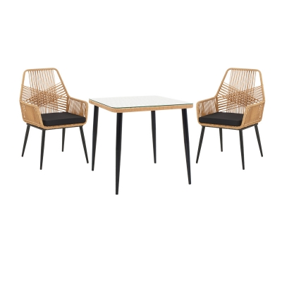 Τραπεζαρία Naoki-Tanish σετ 3 τεμ pakoworld μέταλλο μαύρο-pe φυσικό-γυαλί 80x80x78εκ