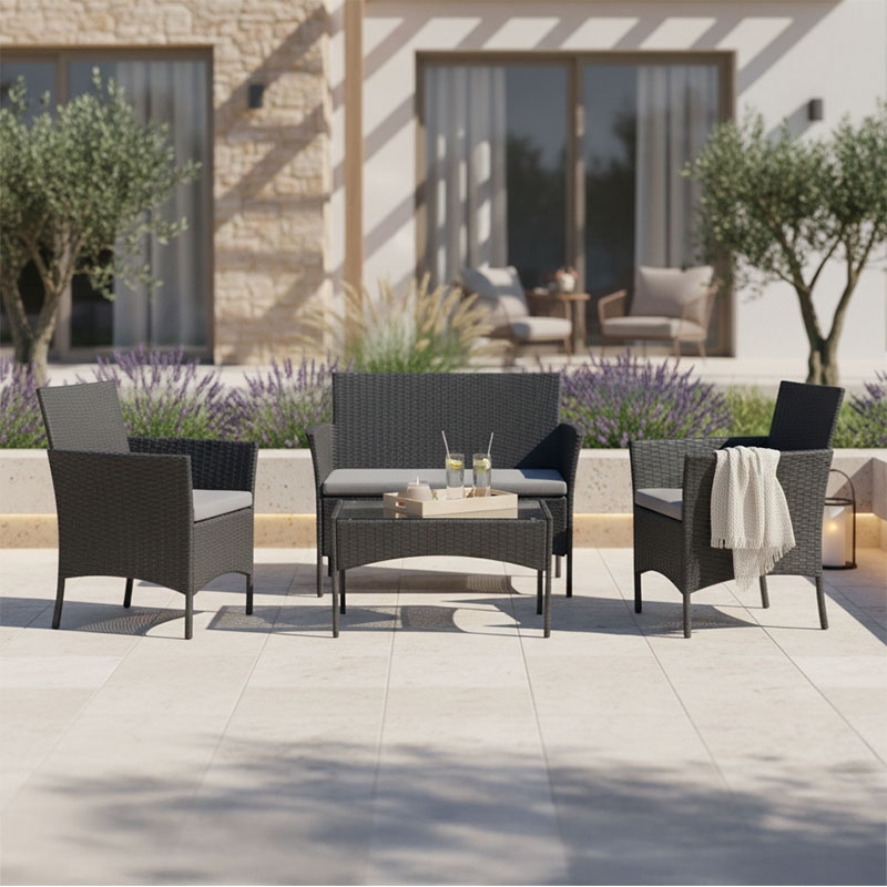 Σαλόνι κήπου Calmness pakoworld σετ 4τμχ rattan μαύρο-ύφασμα γκρι