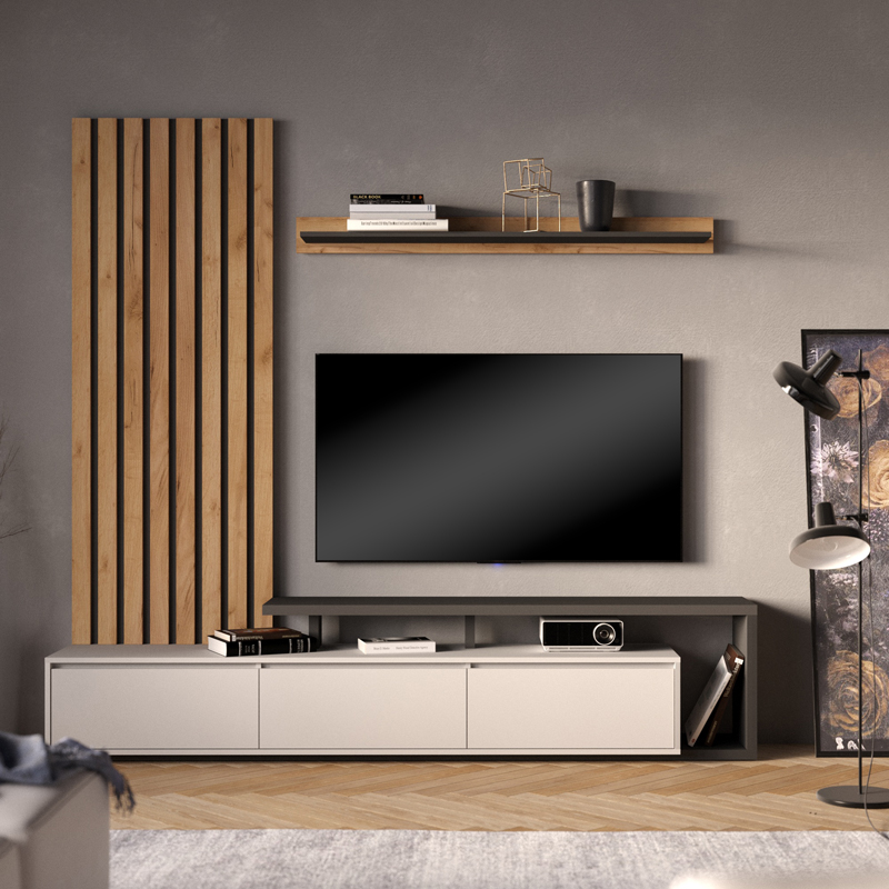 Σύνθετο σαλονιού Claironse pakoworld ανθρακί μελαμίνης 225x37.6x210εκ Σύνθετο σαλονιού Claironse pakoworld ανθρακί μελαμίνης 225x37.6x210εκ