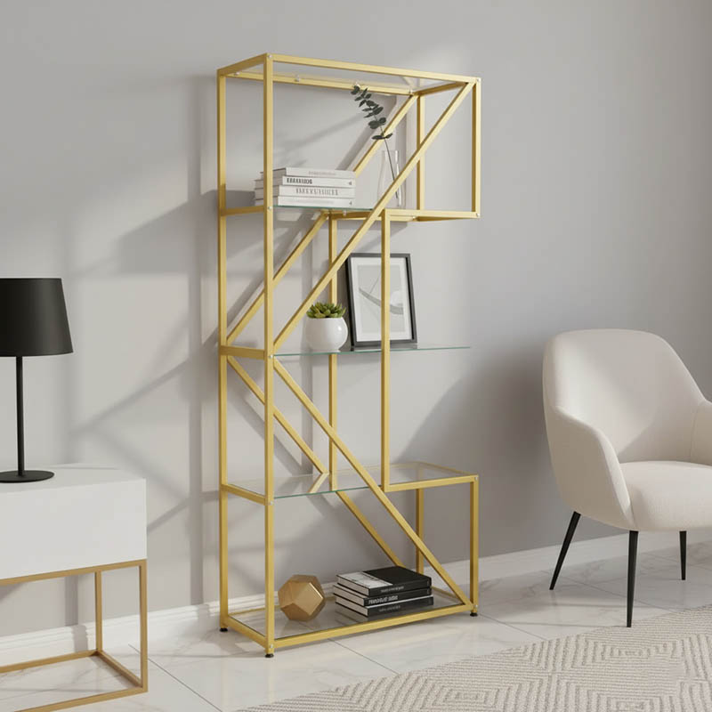 Ραφιέρα Aylan pakoworld γυαλί - μέταλλο σε χρυσή απόχρωση 100x30x200εκ