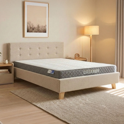 Κρεβάτι με στρώμα Mago-Dreamer pakoworld ύφασμα εκρού - ξύλινο πόδι σε φυσική απόχρωση 160x200εκ