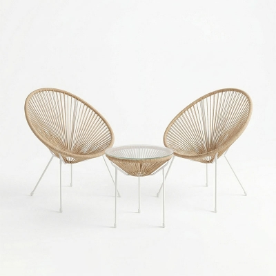 Σαλόνι Εξωτερικού Χώρου Acapulco pakoworld  Σετ 3τεμ μέταλλο λευκό με pe rattan σε φυσική απόχρωση Φ50x52εκ