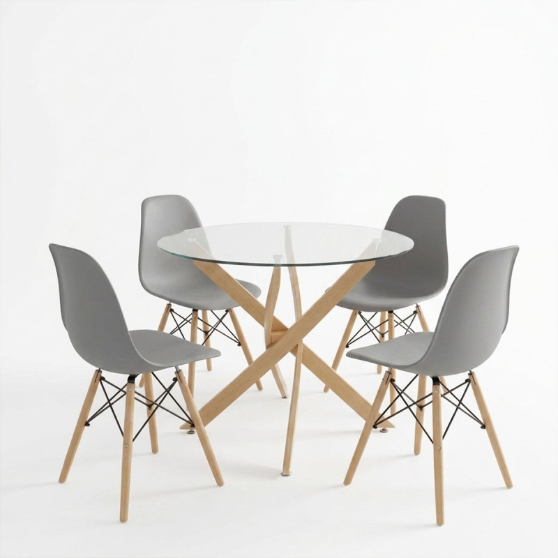 Τραπεζαρία με Καρέκλες Julita γκρι και Τραπέζι Antoro γυαλί με μέταλο σε φυσική απόχρωση Φ80x75εκ Σετ 5τεμ Τραπεζαρία με Καρέκλες Julita γκρι και Τραπέζι Antoro γυαλί με μέταλο σε φυσική απόχρωση Φ80x75εκ Σετ 5τεμ