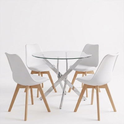 Τραπεζαρία με Καρέκλες Gaston λευκό και Τραπέζι Antoro γυαλί με βάση χρωμίου Φ80x75εκ Σετ 5τεμ Τραπεζαρία με Καρέκλες Gaston λευκό και Τραπέζι Antoro γυαλί με βάση χρωμίου Φ80x75εκ Σετ 5τεμ