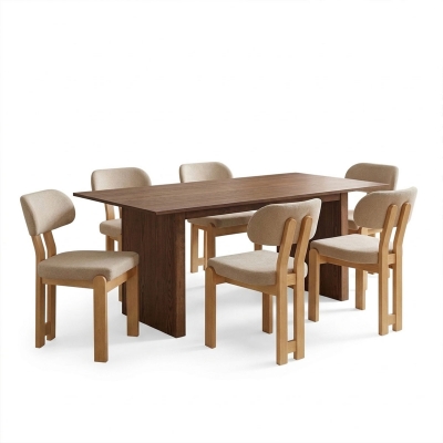 Τραπεζαρία με Καρέκλες Genoa μπεζ και Τραπέζι Eleganza sonoma MDF και rubberwood 180x99x75,8εκ Σετ 7τεμ
