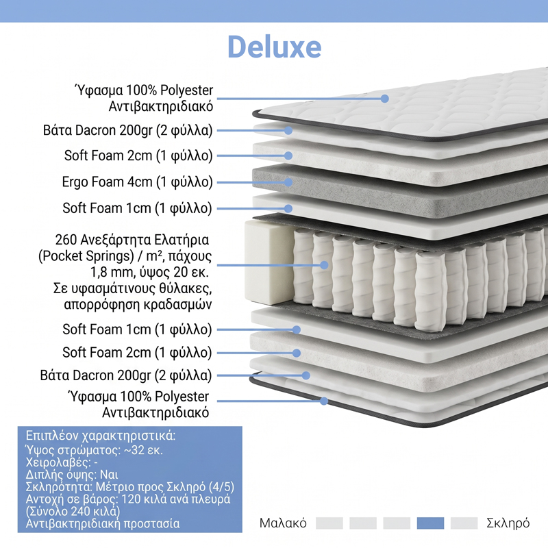 Στρώμα Deluxe pakoworld pocket spring διπλής όψης 32cm 120x200εκ Στρώμα Deluxe pakoworld pocket spring διπλής όψης 32cm 120x200εκ