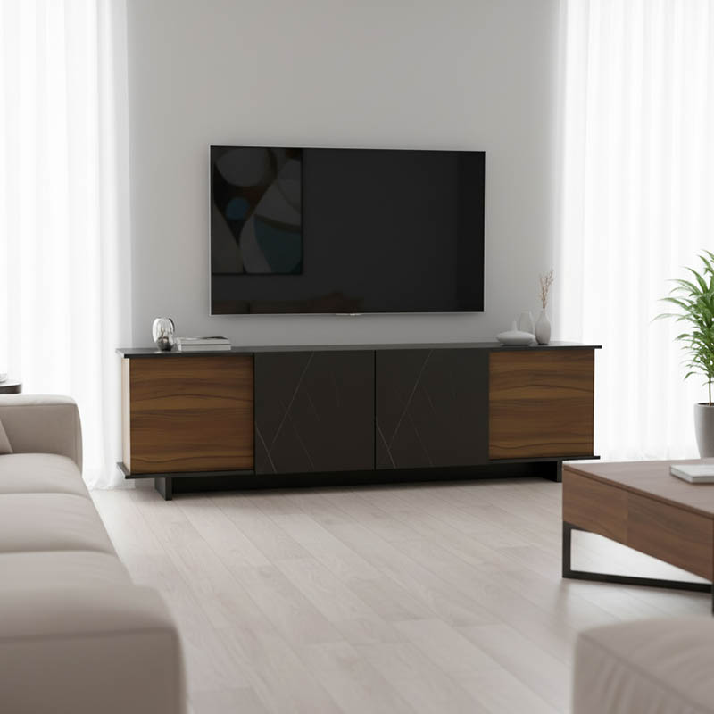 Έπιπλο τηλεόρασης Zafore pakoworld καρυδί - μαύρο μαρμάρου 180x33x50εκ