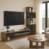 Έπιπλο τηλεόρασης με βιβλιοθήκη Cazenda pakoworld σε oak με ανθρακί απόχρωση 160x29x126εκ