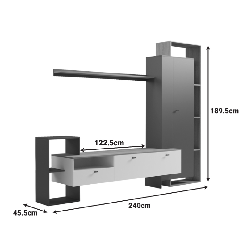 Σύνθετο σαλονιού Ferefia pakoworld σε sonoma με λευκή και ανθρακί απόχρωση 240x45.5x189.5εκ Σύνθετο σαλονιού Ferefia pakoworld σε sonoma με λευκή και ανθρακί απόχρωση 240x45.5x189.5εκ