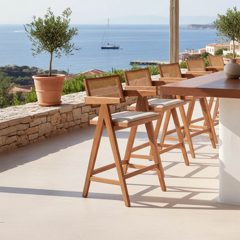 Σκαμπό bar Winslow pakoworld ξύλο rubberwood ανοικτό καρυδί-pvc rattan φυσικό-ύφασμα γκρι