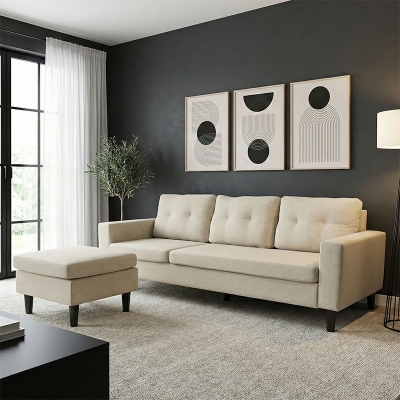 Γωνιακός καναπές αναστρέψιμος Maneli pakoworld ύφασμα αμμου -μπεζ 196x138/77x82εκ