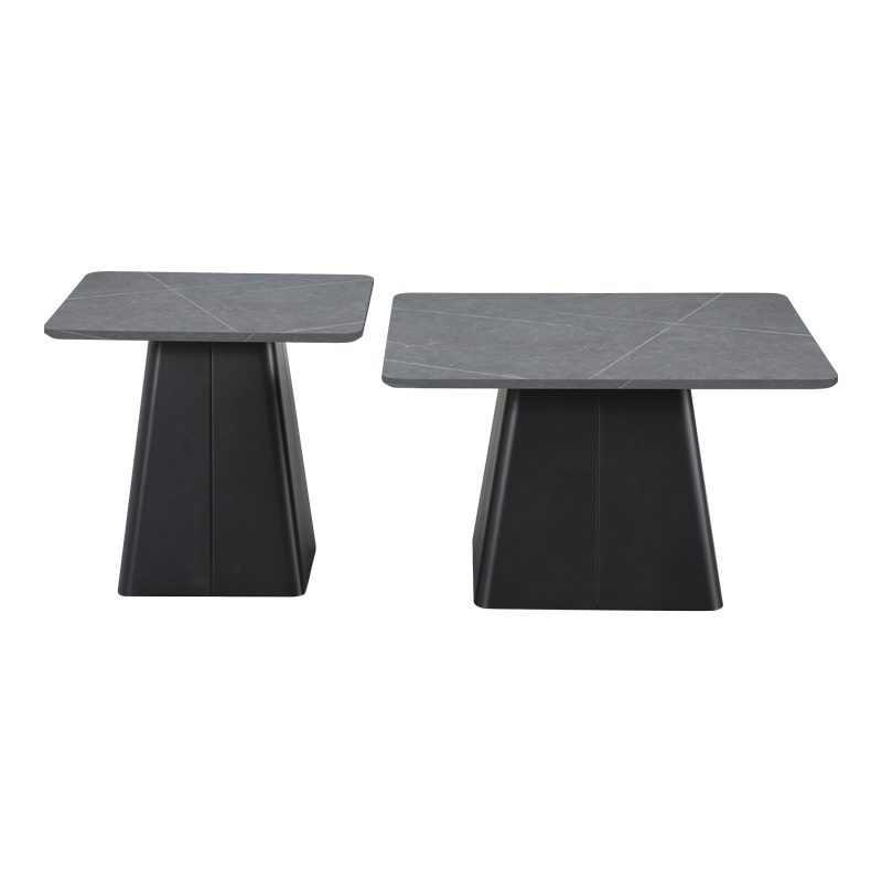 Τραπέζια σαλονιού Square pakoworld σετ 2 τεμ βάση μέταλλο σε μαύρη-sintered stone σε γκρι μαρμάρου