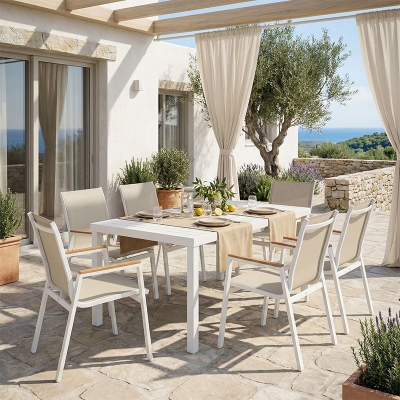 Τραπεζαρία Azelie-Kliton ΙΙ pakoworld σετ 7τεμ γκρι ύφασμα-λευκό αλουμίνιο 150x80x74εκ