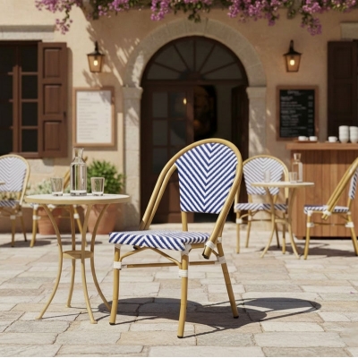 Καρέκλα Uamrin pakoworld στοιβαζόμενη φυσικό αλουμίνιο-λευκό και μπλε pe rattan 46x57x85εκ Καρέκλα Uamrin pakoworld στοιβαζόμενη φυσικό αλουμίνιο-λευκό και μπλε pe rattan 46x57x85εκ