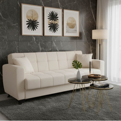 Καναπές-κρεβάτι με αποθηκευτικό χώρο τριθέσιος Modesto pakoworld κρεμ ύφασμα 215x85x80εκ