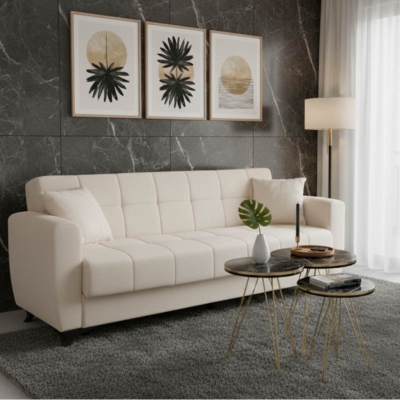 Καναπές-κρεβάτι με αποθηκευτικό χώρο τριθέσιος Modesto pakoworld κρεμ ύφασμα 215x85x80εκ