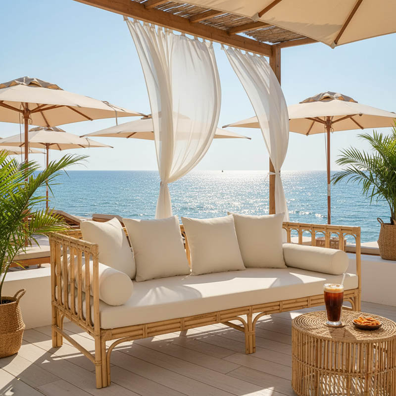 Καναπές Alessa pakoworld φυσικό rattan-λευκό ύφασμα με μαξιλάρια 200x100x76εκ