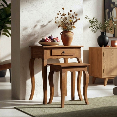 Βοηθητικό τραπεζάκι Nesto pakoworld σετ 2 τεμ φυσικό αντικέ μαόνι ξύλο