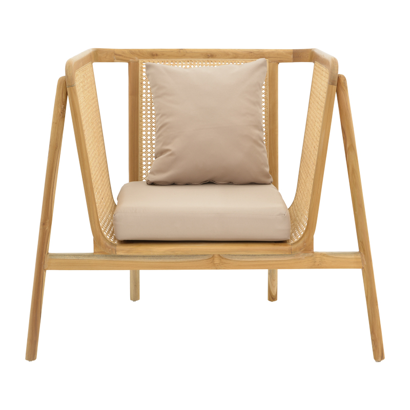Πολυθρόνα Jenta pakoworld teak ξύλο με rattan σε φυσική απόχρωση και μπεζ μαξιλάρι 72x67x92εκ