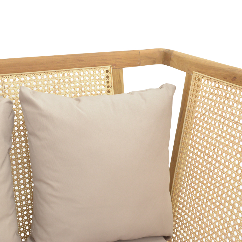 Καναπές τριθέσιος Jenta pakoworld teak ξύλο με rattan σε φυσική απόχρωση και μπεζ μαξιλάρι 203x67x92εκ