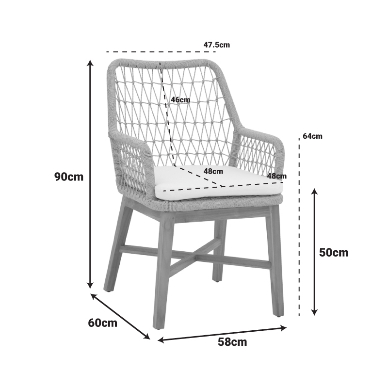 Πολυθρόνα Elaiza pakoworld teak ξύλο και συνθετικό σχοινί σε φυσική-μαύρη απόχρωση με μαξιλάρι 58x60x90εκ