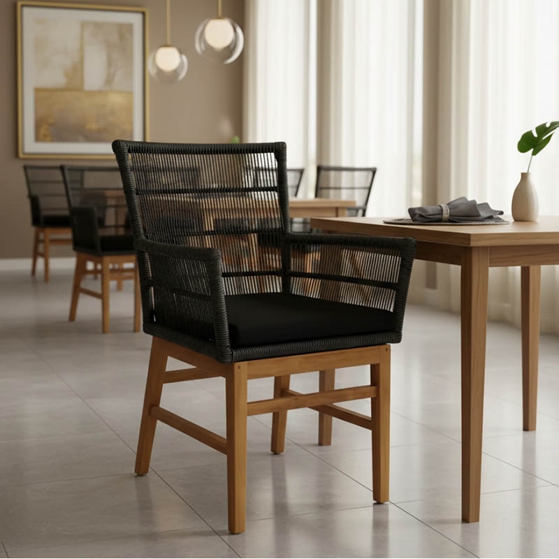 Πολυθρόνα Inca pakoworld teak ξύλο και συνθετικό σχοινί σε φυσική-μαύρη απόχρωση με μαξιλάρι 60x61x90εκ