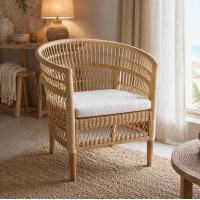 Πολυθρόνα Necorian paakoworld teak ξύλο με pe rattan σε φυσική απόχρωση και λευκό μαξιλάρι 80x70x87εκ