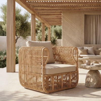 Πολυθρόνα Fajole pakoworld rattan σε φυσική απόχρωση με μπεζ μαξιλάρι 83x92x82εκ