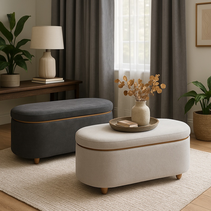 Σκαμπό μπαούλο Tara Inart σετ 2 τεμ ύφασμα σε γκρι και ανθρακί απόχρωση