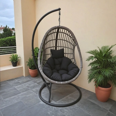 Κούνια φωλιά με βάση Cungo pakoworld μέταλλο - pe rattan σε γκρι απόχρωση 125x105x195εκ