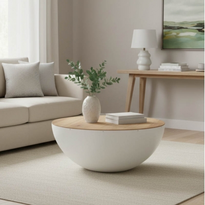 Τραπέζι σαλονιού Coffelty Inart μασίφ ξύλο ακακίας - λευκό μέταλλο Φ90x40εκ Τραπέζι σαλονιού Coffelty Inart μασίφ ξύλο ακακίας - λευκό μέταλλο Φ90x40εκ