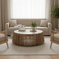 Τραπέζι σαλονιού Mable pakoworld mango ξύλο σε φυσική απόχρωση με επιφάνεια μαρμάρου Φ120x45εκ