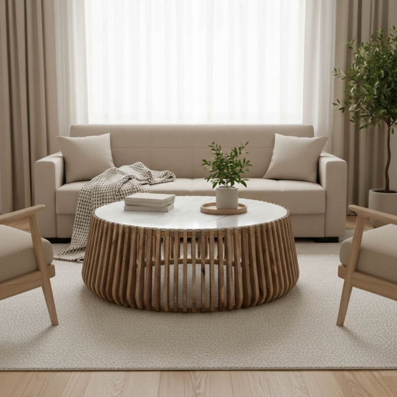 Τραπέζι σαλονιού Mable pakoworld mango ξύλο σε φυσική απόχρωση με επιφάνεια μαρμάρου Φ120x45εκ