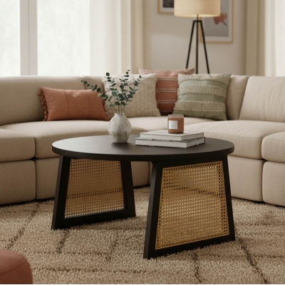 Τραπέζι Tamarind pakoworld ξύλο mango-φυσικό rattan σε μαύρη απόχρωση Φ65x40εκ