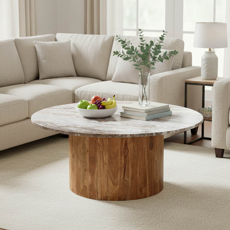 Τραπέζι σαλονιού Sergy pakoworld μασίφ ξύλο ακακίας σε φυσική απόχρωση με επιφάνεια μαρμάρου Φ90x40εκ