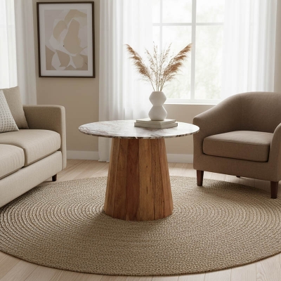 Τραπέζι Ezerdian pakoworld μασίφ ξύλο ακακίας σε φυσική απόχρωση με επιφάνεια μαρμάρου Φ120x76εκ