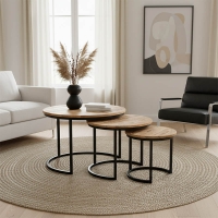 Τραπέζι σαλονιού Frina pakoworld σετ 3τεμ μασίφ mango ξύλο σε φυσική απόχρωση με πόδι μαύρο μέταλλο