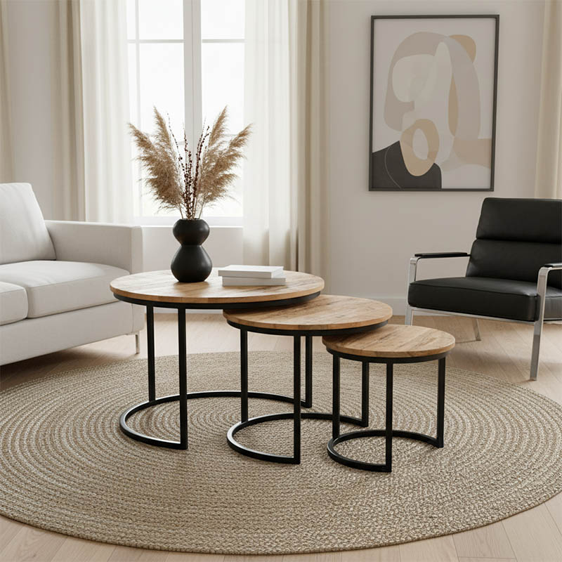 Τραπέζι σαλονιού Frina pakoworld σετ 3τεμ μασίφ mango ξύλο σε φυσική απόχρωση με πόδι μαύρο μέταλλο