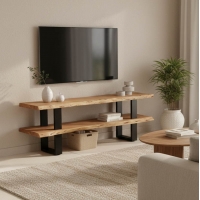 Έπιπλο τηλεόρασης Fuji pakoworld μασίφ ξύλο ακακίας σε φυσική απόχρωση με μαύρα μεταλλικά πόδια 140x40x52εκ