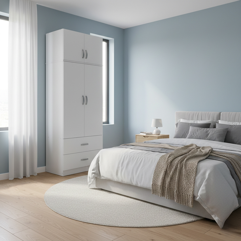 Ντουλάπα δίφυλλη με 2 συρτάρια και πατάρι Lego pakoworld σε λευκή απόχρωση 80x42x240εκ Ντουλάπα δίφυλλη με 2 συρτάρια και πατάρι Lego pakoworld σε λευκή απόχρωση 80x42x240εκ