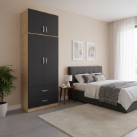 Ντουλάπα δίφυλλη με 2 συρτάρια και πατάρι Lego pakoworld σε oak-ανθρακί απόχρωση 80x42x240εκ Ντουλάπα δίφυλλη με 2 συρτάρια και πατάρι Lego pakoworld σε oak-ανθρακί απόχρωση 80x42x240εκ