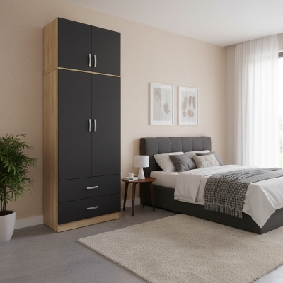 Ντουλάπα δίφυλλη με 2 συρτάρια και πατάρι Lego pakoworld σε oak-ανθρακί απόχρωση 80x42x240εκ