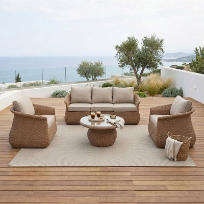 Σαλόνι κήπου Tropicana pakoworld 4τεμ pe rattan σε καφέ απόχρωση - ύφασμα μπεζ