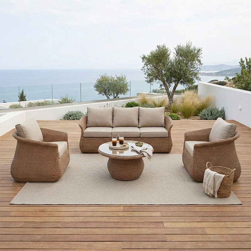 Σαλόνι κήπου Tropicana pakoworld 4τεμ pe rattan σε καφέ απόχρωση - ύφασμα μπεζ