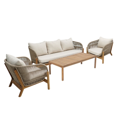 Σαλόνι εξωτερικού χώρου Verilan pakoworld μασίφ ξύλο ακακίας με σχοινί και μπεζ μαξιλάρια