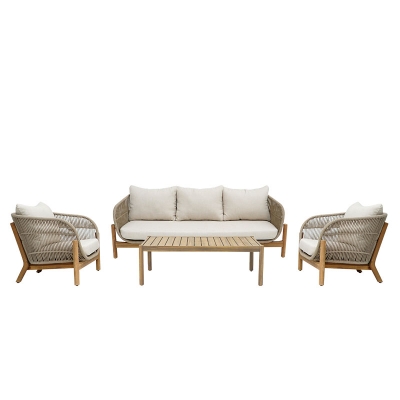 Σαλόνι εξωτερικού χώρου Verilan pakoworld μασίφ ξύλο ακακίας με σχοινί και μπεζ μαξιλάρια