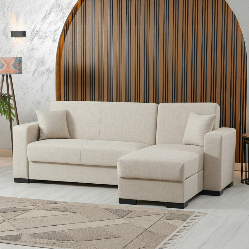 Γωνιακός καναπές-κρεβάτι αναστρέψιμος Dumma pakoworld ύφασμα κρεμ 226x148x86εκ